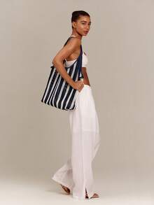 GLOWMODE Large 13L Beach Day Striped Crochet Shoulder Bag With Adjustable Faux Leather Strap & Magnetic Closure Gym Travel Vacation Daily Casual Summer Wear - Blue Stripe - View 7
