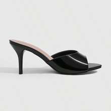 CUCCOO SZL Sandal Wanita Kulit Paten Hitam Hak Kitten Model Slip On Ujung Terbuka - Hitam - View 4