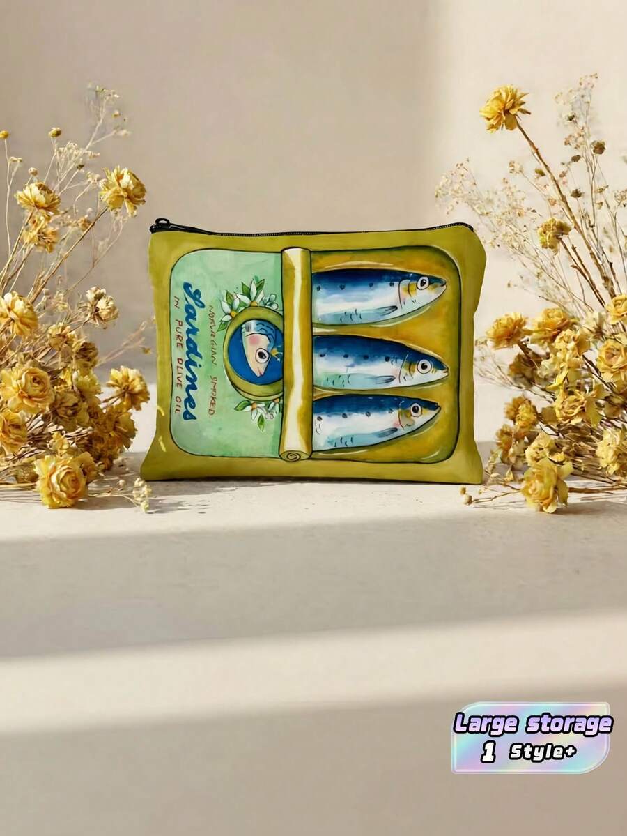 1PC Yellow Sardine Mini Zip Pouch Unique Retro Pencil Case With Zipper Portable Cute Stationery Organizer For School Office Gift - Multicolor - View 1