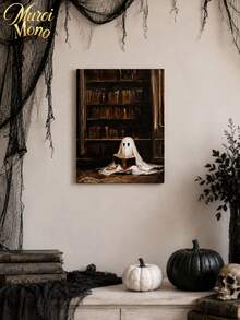 Muroi Mono 1pc Dark Academia Canvas Wall Art, Retro Painting Of Cute White Ghost Reading Book In Old Library, Gothic Spooky Art Print Poster, Home Aesthetic Wall Hanging Decor For Living Room Bedroom Halloween Decor - multicolor - View 1