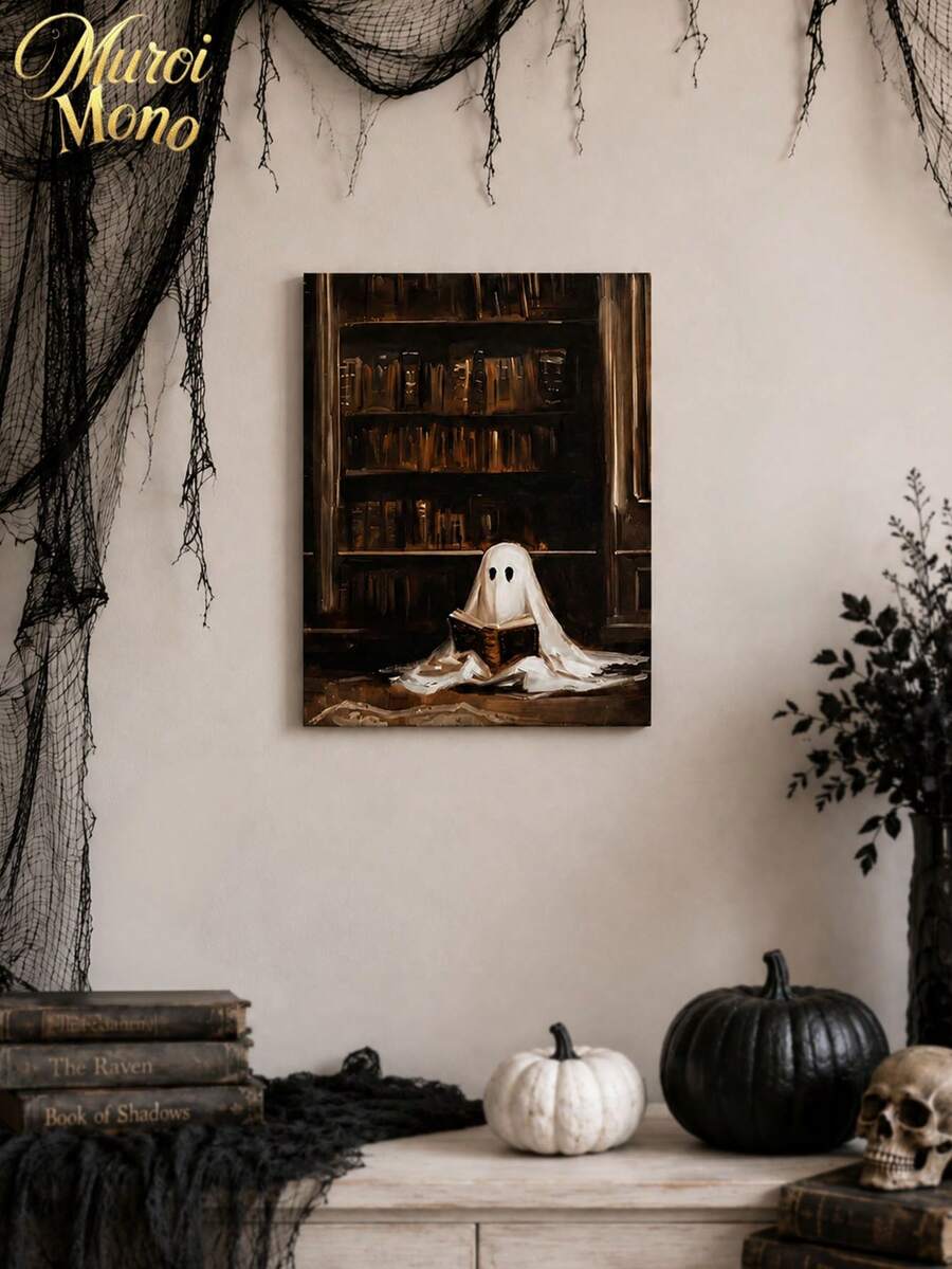 Muroi Mono 1pc Dark Academia Canvas Wall Art, Retro Painting Of Cute White Ghost Reading Book In Old Library, Gothic Spooky Art Print Poster, Home Aesthetic Wall Hanging Decor For Living Room Bedroom Halloween Decor - multicolor - View 1