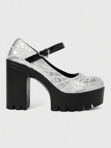 Sugerpunk Women's Fashion Sexy Platform High-Heeled Shoes, Punk Style Gothic Dark With Round Toe Design With Embroidered Thread Spider Web Fashion - Silver - View 1