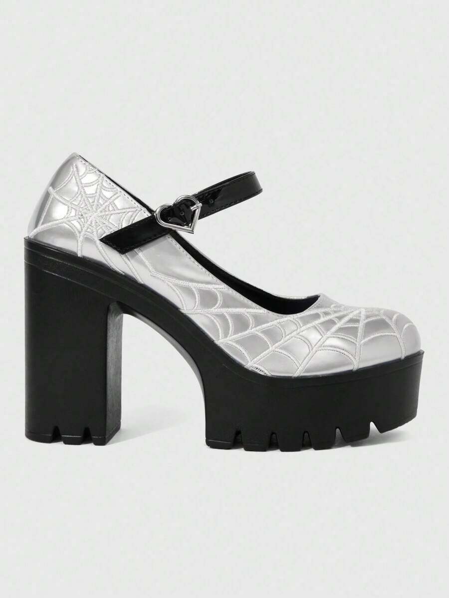Sugerpunk Women's Fashion Sexy Platform High-Heeled Shoes, Punk Style Gothic Dark With Round Toe Design With Embroidered Thread Spider Web Fashion - Silver - View 1
