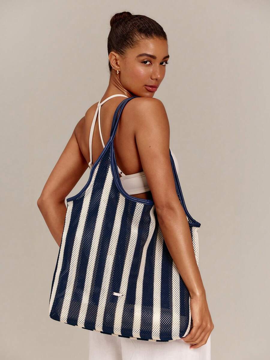GLOWMODE Large 13L Beach Day Striped Crochet Shoulder Bag With Adjustable Faux Leather Strap & Magnetic Closure Gym Travel Vacation Daily Casual Summer Wear - Blue Stripe - View 1