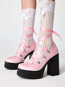 ROMWE Kawaii 女款時尚性感厚底高跟鞋，龐克哥德風深色緞帶繫帶設計，前掌與鞋跟飾蝴蝶結，精緻時尚 - 淺粉色 - 查看 8