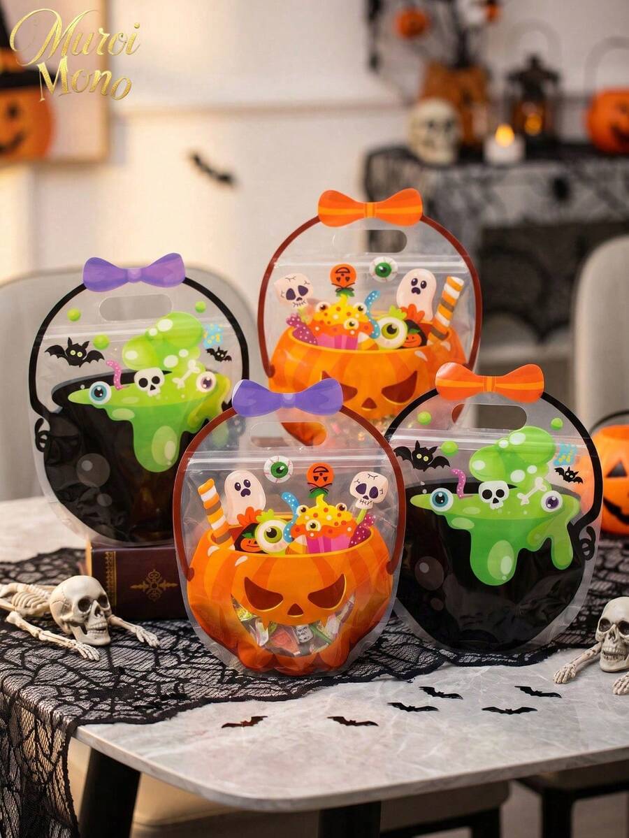 Muroi Mono 1Pc/10Pcs Self-Sealing Halloween Cauldron Treat Bag, Translucent Plastic With Cartoon Witch Pot And Jack-O-Lantern Artwork, Integrated Handle And Airtight Zipper For Biscuit Candy Storage, Packaging Pouch For Halloween Event Gift Distribution - Multicolor - View 1