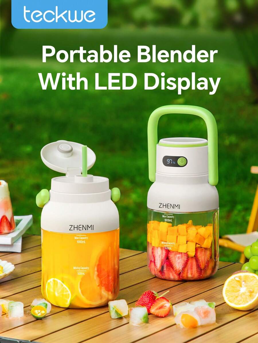 Teckwe 1‑Pack Portable Electric Blender Cup, Large‑Capacity 12‑Blade Wireless Multifunctional Mixer, Battery LED Display, Ice Crushing, Perfect For Home, Outdoor & Parties - 0.5L-1L - View 1