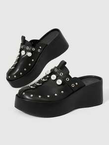 Sugerpunk Women's Fashion Platform Sandals, Dark Punk Style Heavy Industry Rivet Gas Eye Design Thick-Soled Wedge Sandals, Adjustable Elastic Design Subculture - Black - View 1