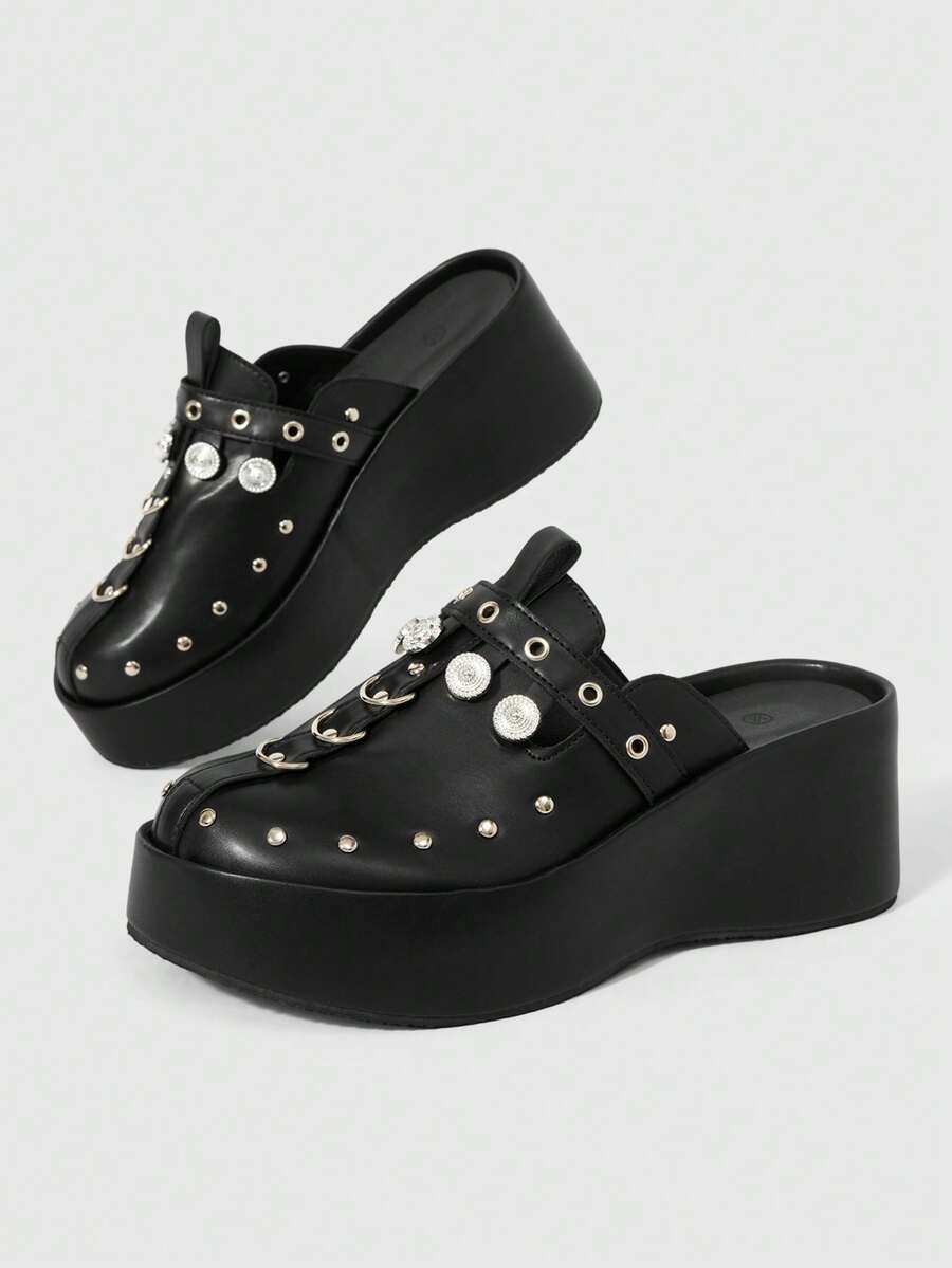 Sugerpunk Women's Fashion Platform Sandals, Dark Punk Style Heavy Industry Rivet Gas Eye Design Thick-Soled Wedge Sandals, Adjustable Elastic Design Subculture - Black - View 1