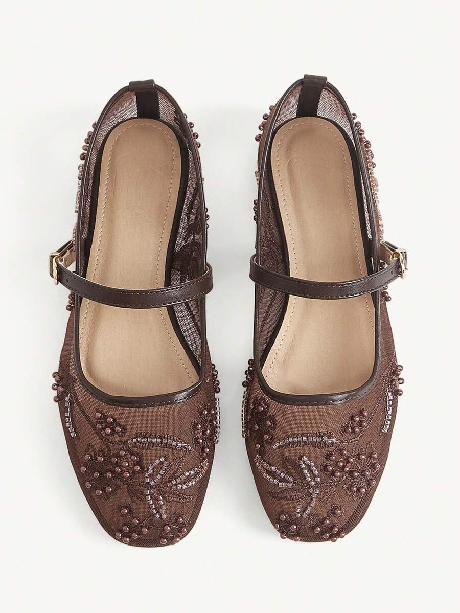 CUCCOO CHICEST 新款圓頭平底棕色網紗刺繡縫珠女鞋 時尚優雅舒適華麗 婚禮宴會鞋 - 咖啡 - 查看 1