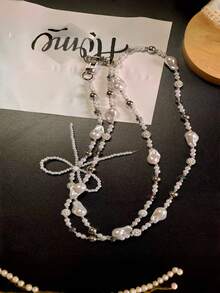Silver Pearl Bow Diamond Ball Phone Lanyard, Detachable Crossbody Neck Strap For Phone, Camera Chain Bag Charm Pendant, Versatile Bling Jewelry Accessory For Daily & Party Outfit - Multicolor - View 3