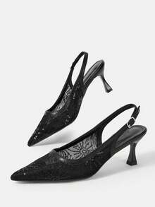 CUCCOO HITCHD Ladies Spring And Summer New Black Fairy Mesh Sequined Pointed High Heels Shoes Slingback Buckle Design Gentle Style Dating High Heels Fall Shoes - Black - View 6