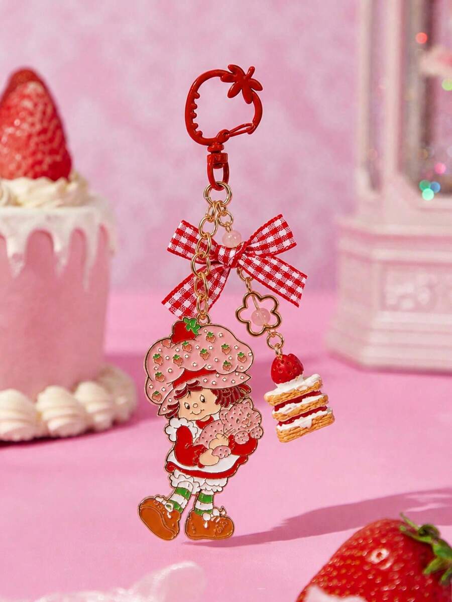 Strawberry Shortcake X SHEIN Fashionable & Sweet Cute Strawberry Cake Checkered Bow Zinc Alloy Keychain Bag Pendant Charm Commemorative Collection Gift Gold Keyring,Gift Ideas - Multicolor - View 1