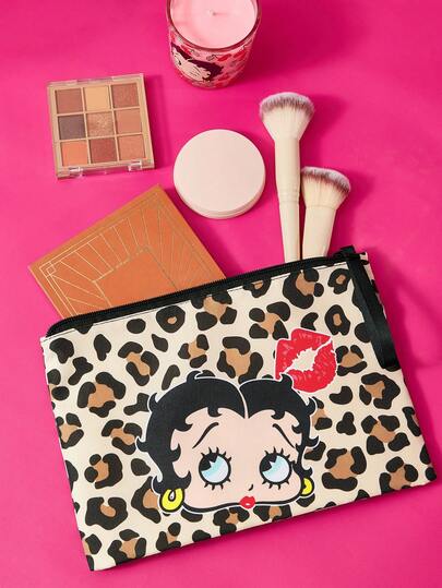 Betty Boop x SHEIN Retro Leopard Print Cartoon Zipper Pouch, Lightweight, Works As Makeup Bag, Digital Accessory & Small Stuff Storage Pouch