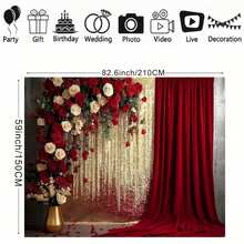 Red & Gold Curtain, Red & White Rose Design Background Cloth, Birthday, Bride, Party Decoration, Portrait Photography Studio Backdrop - Red - View 7
