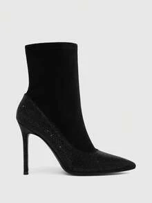 CUCCOO SZL Womens Black Rhinestone Stiletto Heel Ankle Boots Pointed Toe Elastic Booties Fashion Dress Shoes - Black - View 4