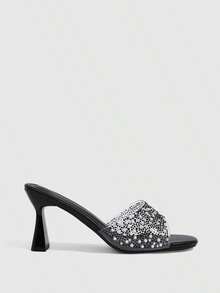 CUCCOO SZL Sandálias Femininas de Salto com Tira Transparente e Enfeites, Sapatos Chiques de Bico Aberto - Preto - Visão 3
