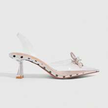 CUCCOO SZL Clear PVC Pointed Toe Pumps With Pearl Rhinestone Embellishment And Polka Dot Details Transparent Slingback Kitten Heel Shoes For Women - White/black dots - View 4