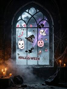1/2/4/6pcs Halloween Pink Black Theme Window Clings, Removable Reusable Static Stickers, Cartoon Ghost, Pumpkin, Skull, Black Cat Pattern Decals For Window Door Mirror, Indoor Halloween Party Home Decor - B - View 6