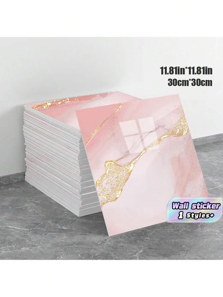 10片 0.9㎡ 深灰色大理石紋瓷磚貼紙 防水防潮鋁塑板 自黏式壁紙 用於牆面翻新與裝飾 情人節、情人節婚禮、生日 - 粉金色 - 查看 1
