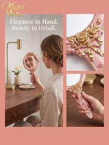 Muroi Mono 1Pc Resin Retro Baroque Hand Mirror, Ins Luxury Embossed Floral Princess Lolita Makeup Mirror, Clear Portable Handheld Cosmetic Mirror For Salon Grooming & Room Ornament, Nice Present For Birthday, Valentine's Day, Mother's Day, Thanksgiving Day - Multicolor - View 8
