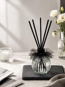 Haus Hana Light Green Vertical Striped Glass Reed Diffuser Bottle With Black Tulle Bow, Rattan Stick Home Fragrance Container, Long Lasting Air Freshener For Bathroom Bedroom, Father's Day & Eid Al-Adha Indoor Decorative Aroma Ornament - multicolor - View 1