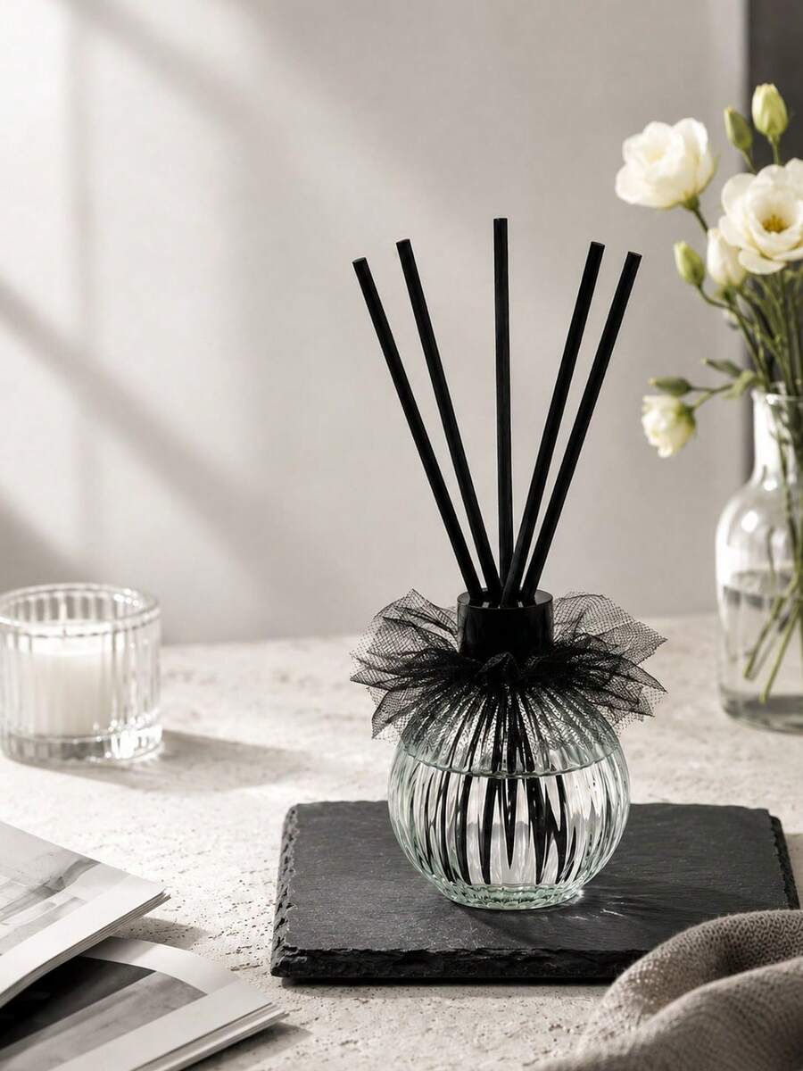 Haus Hana Light Green Vertical Striped Glass Reed Diffuser Bottle With Black Tulle Bow, Rattan Stick Home Fragrance Container, Long Lasting Air Freshener For Bathroom Bedroom, Father's Day & Eid Al-Adha Indoor Decorative Aroma Ornament - multicolor - View 1