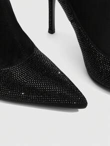 CUCCOO SZL Womens Black Rhinestone Stiletto Heel Ankle Boots Pointed Toe Elastic Booties Fashion Dress Shoes - Black - View 5