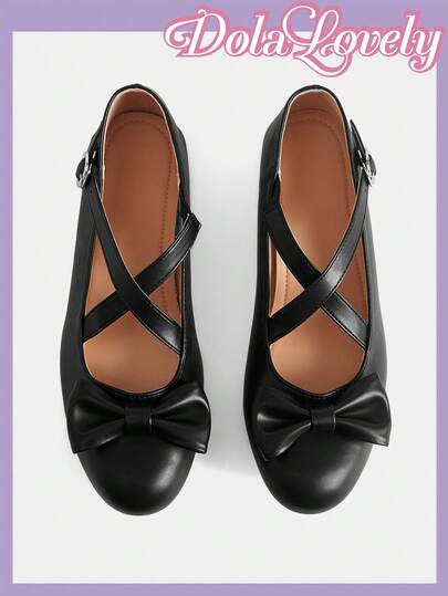 Dola Lovely Vintage Black Bow Cross Strap Mary Jane Flats, Cute Lolita Style Fall Shoes