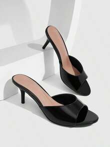 CUCCOO SZL Sandal Wanita Kulit Paten Hitam Hak Kitten Model Slip On Ujung Terbuka - Hitam - View 3