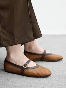 CUCCOO BIZCHIC Simple Buckle Low Vamp Shoes, Thin Belt Flat Bottom Gentle Style Casual Women's Shoes Breathable Commuting Daily Versatile Fall Shoes - Brown - View 3