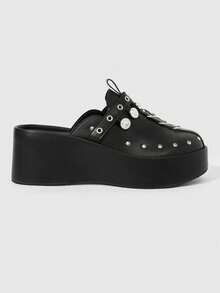 Sugerpunk Women's Fashion Platform Sandals, Dark Punk Style Heavy Industry Rivet Gas Eye Design Thick-Soled Wedge Sandals, Adjustable Elastic Design Subculture - Black - View 4