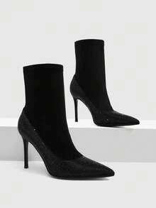 CUCCOO SZL Womens Black Rhinestone Stiletto Heel Ankle Boots Pointed Toe Elastic Booties Fashion Dress Shoes - Black - View 3