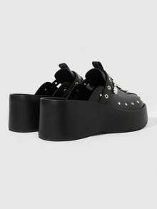 Sugerpunk Women's Fashion Platform Sandals, Dark Punk Style Heavy Industry Rivet Gas Eye Design Thick-Soled Wedge Sandals, Adjustable Elastic Design Subculture - Black - View 3