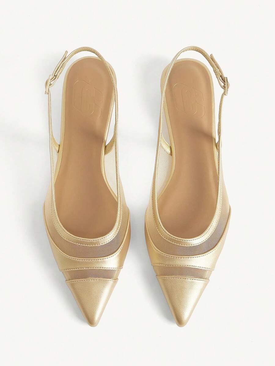 CUCCOO CHICEST Ladies Kitten And Gold Mesh Hollow Point Short Heel Shoes - Gold - View 1