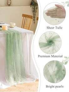 Pearled Sheer Fabric Wedding Decor Backdrop Transparent Pearl Beaded Table Runner Arch Decorations Photography Background Bridal Shower Reception Party Decor - Green - View 6