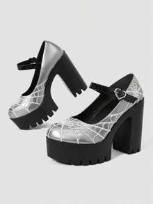 Sugerpunk Women's Fashion Sexy Platform High-Heeled Shoes, Punk Style Gothic Dark With Round Toe Design With Embroidered Thread Spider Web Fashion - Grey - View 4