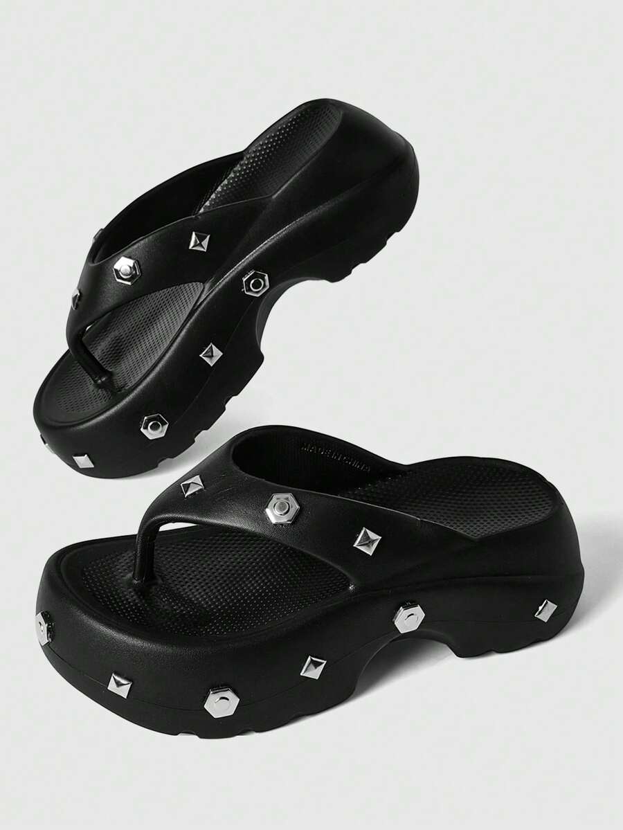 ROMWE Grunge Punk Women's Shoes Black Rock Punk Sandals, Summer Open-Toed Rivets Gothic Beach Roman Flip-Flops - Black + screw rivets - View 1