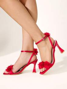 CUCCOO CHICEST Summer Burgundy Sardine Flower Square Toe Thick Heel Elegant Fairy Style Roman Ladies High Heel Sandals - Burgundy - View 3