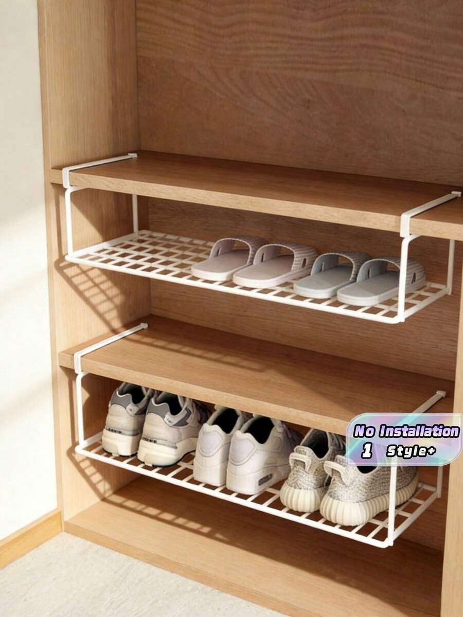 1PC Large Capacity Adjustable No Installation Foldable Hook-On Under Shelf Organizer White Multi-Functional Shoe Rack Dorm Home Storage For Shoes Clothes Items Space Saver Storage Solution - Multicolor - View 1