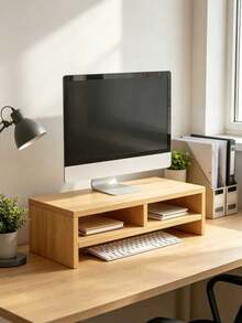 1pc Wooden Monitor Stand For Desk, Monitor Riser, Wooden Monitor Riser Desk Storage Cabinet, Computer Tv Shelf, Saving Desk Space Elevating Computer Stand With Keyboard Management, For Office And Dormitory Use, School Supplies, Back To School - Multicolor - View 6