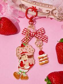 Strawberry Shortcake X SHEIN Fashionable & Sweet Cute Strawberry Cake Checkered Bow Zinc Alloy Keychain Bag Pendant Charm Commemorative Collection Gift Gold Keyring,Gift Ideas - Multicolor - View 6