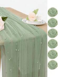 Pearled Sheer Fabric Wedding Decor Backdrop Transparent Pearl Beaded Table Runner Arch Decorations Photography Background Bridal Shower Reception Party Decor - Green - View 2