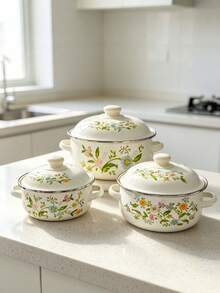 Bộ nồi nấu tráng men họa tiết hoa - Nồi súp tráng men hai tay cầm với nắp gốm, dung tích lớn dùng cho gia đình, phù hợp cho mọi mùa, đa năng (có thể cầm tay để nấu, nấu súp và nấu chậm) - Xem 3