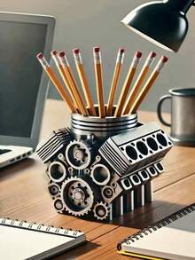 1Pc Creative V8 Engine Block Shaped Storage Box, Large Capacity Resin Desk Organizer, Multi-Purpose Pen Holder For Office & School Supplies - Multicolor - View 4