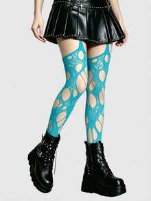 ROMWE Goth 高彈性酒紅色性感女款破洞連身褲 網襪褲襪打底褲 - 湖藍色 - 查看 5