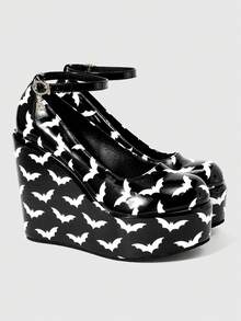 ROMWE Women's Casual And Stylish Round-Toe Closed-Toe Wedge Platform Shoes With A Punk-Style Gothic Solid Color Fabric Outsole Featuring A Bat Pattern. Fall Shoes - Bright black - View 3