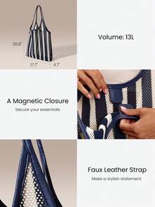 GLOWMODE Large 13L Beach Day Striped Crochet Shoulder Bag With Adjustable Faux Leather Strap & Magnetic Closure Gym Travel Vacation Daily Casual Summer Wear - Blue Stripe - View 4