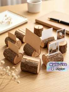 3Pcs Vintage Wooden Memo Clips Spiral Wire, Woodgrain Texture Hold Memos Cards Photos Notes, Kraft Table Cards For Wedding Party Table Numbers Name Tags - brown - View 1