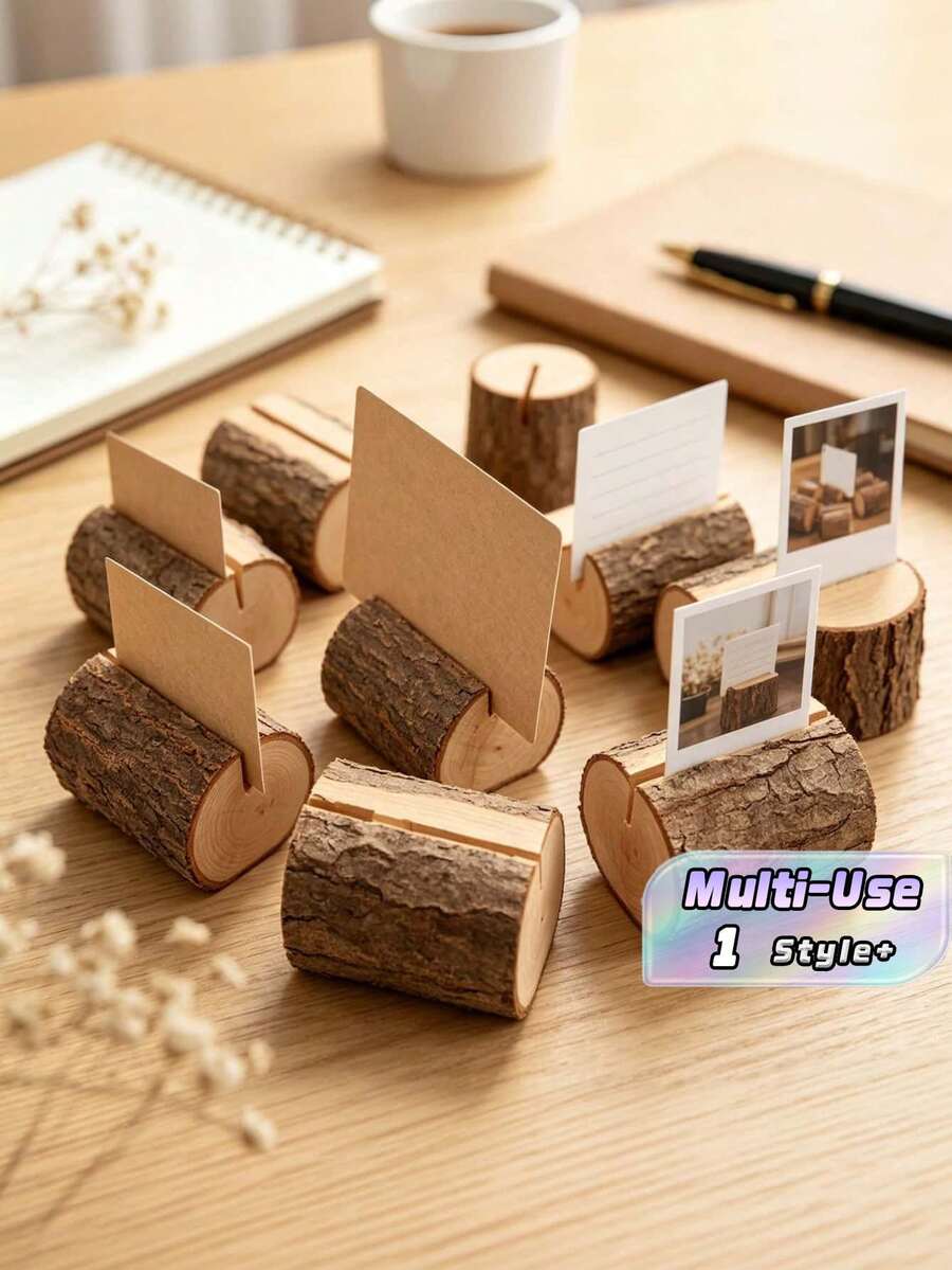 3Pcs Vintage Wooden Memo Clips Spiral Wire, Woodgrain Texture Hold Memos Cards Photos Notes, Kraft Table Cards For Wedding Party Table Numbers Name Tags - brown - View 1